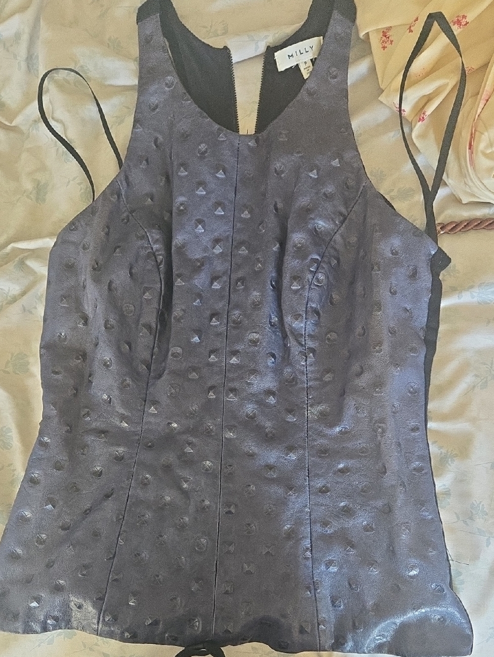 Milly Navy Satin Textured Sleeveless Tank